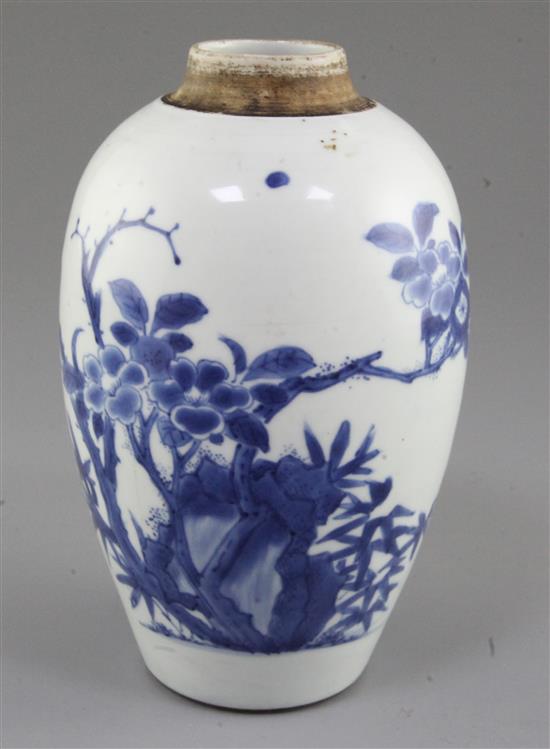 A Chinese blue and white ovoid jar, Transitional period c.1640, 18cm, wood stand